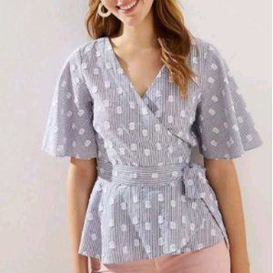 Loft blue and white polka dot wrap blouse